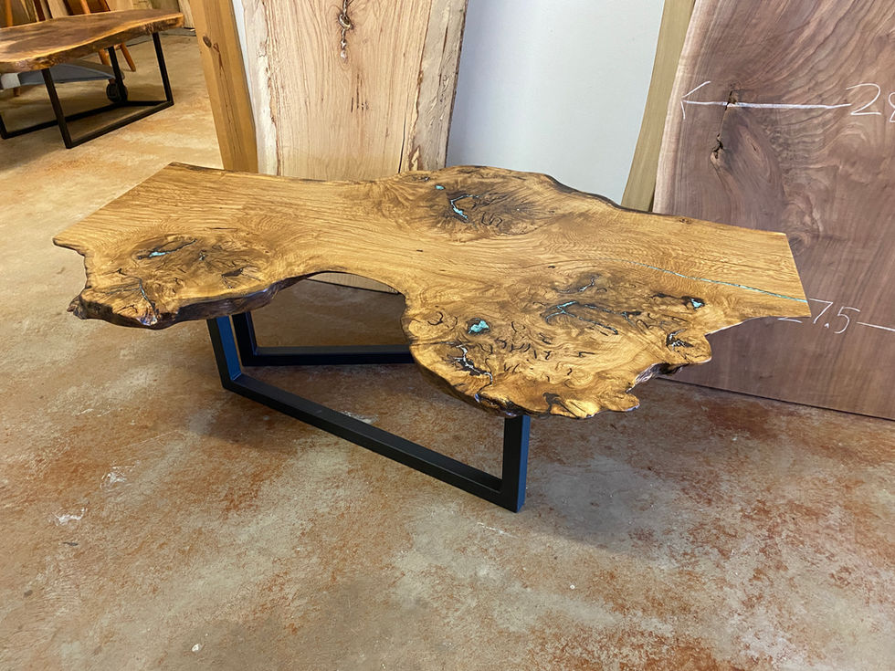 Table Coffee Custom LiveEdge Flatiron Oak Steel Turquoise Inlay 2
