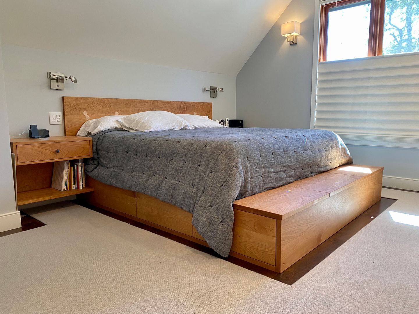 Custom Solid Cherry Hi Modern Bed with Integrated Nightstands + Butterfly Joint Headboard