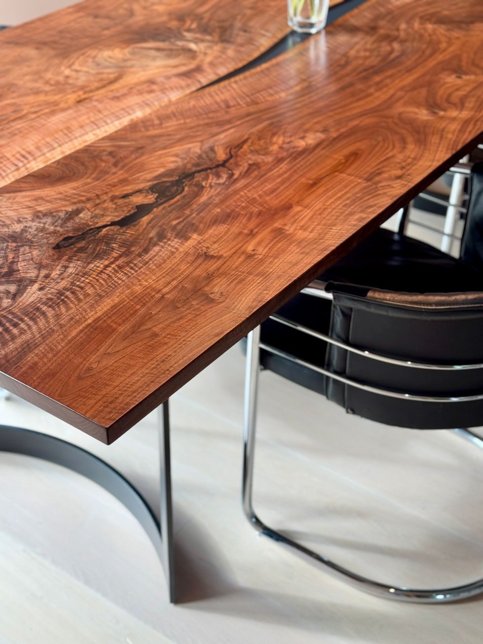 Custom Solid LiveEdge Figured Walnut River Table on C-Shape Legs