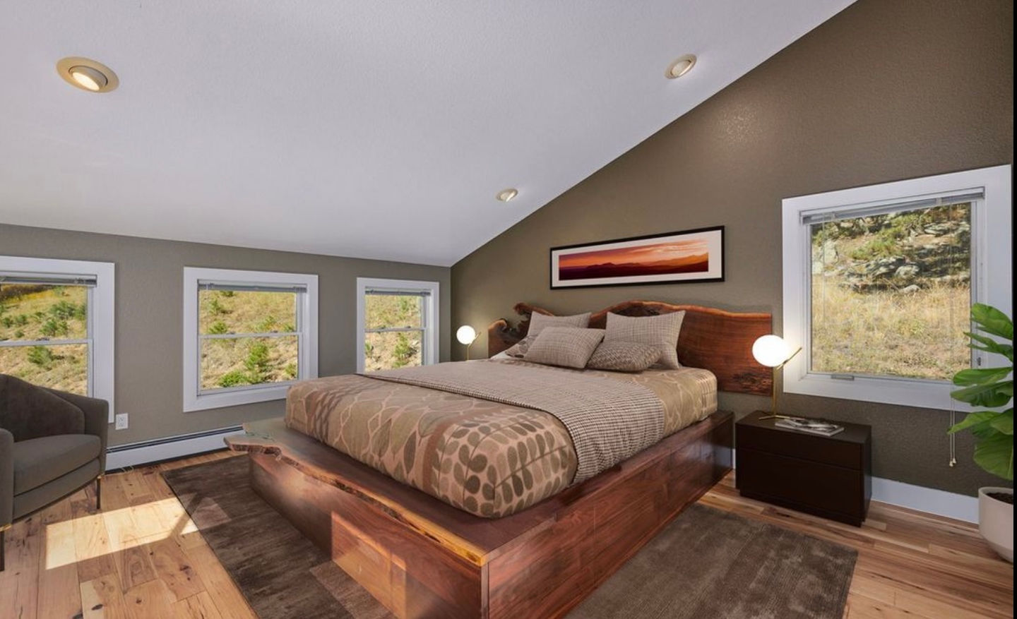 Custom Solid Walnut Hi Modern Bed with LiveEdge Headboard + Bench Top