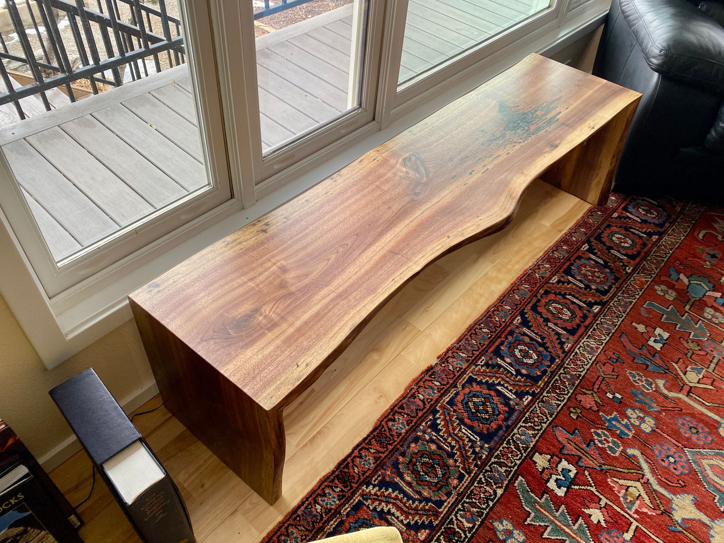 Custom Oiled Walnut LiveEdge Backless Waterfall Bench with Pyrite Inlay