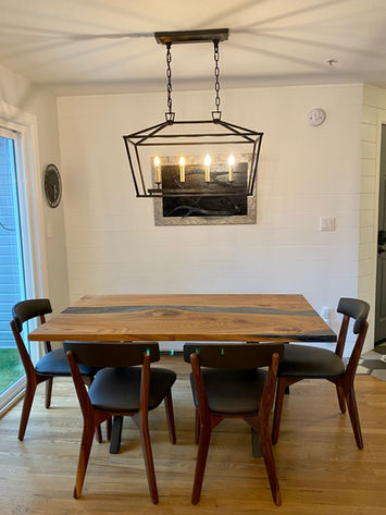 Custom Solid Elm River Table with Smoky Epoxy LiveEdge Chair Fairview Black Leather Set Boulder Furniture Arts