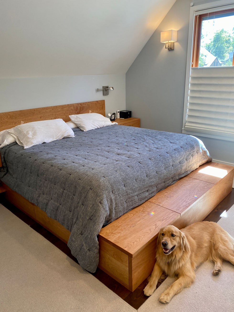 minimalist bed with storage, solid cherry bed, cherry bed with storage, quiet luxury