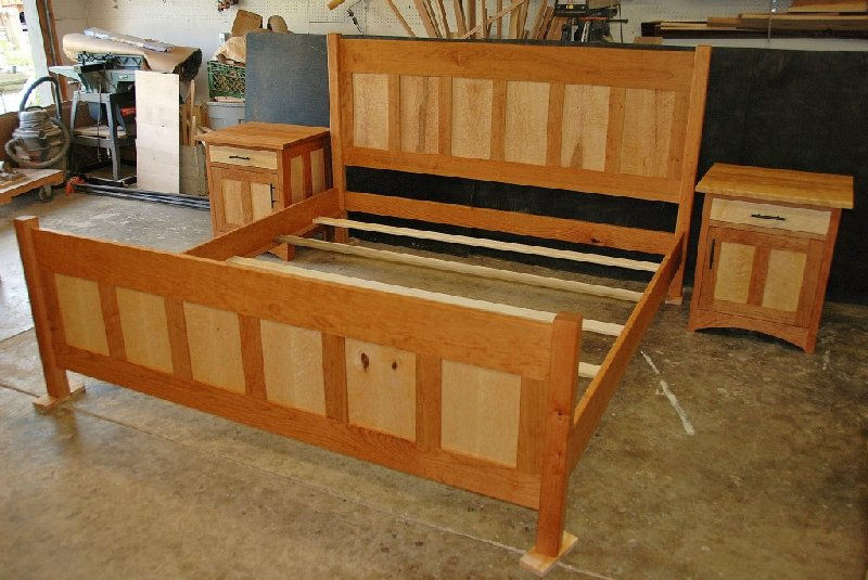 Bed Craftsman Panel Cherry Birdseye Maple Hardwood Solid Nightstand Set