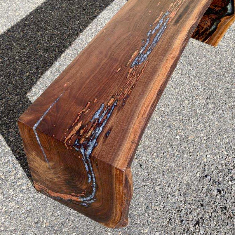 Custom Solid Walnut LiveEdge Waterfall Backless Bench + Jasper and Lapiz Inlay