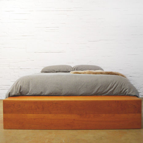 minimalist bed with storage, solid cherry bed, cherry bed with storage, quiet luxury