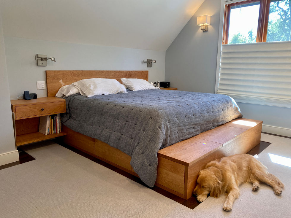 minimalist bed with storage, solid cherry bed, cherry bed with storage, quiet luxury
