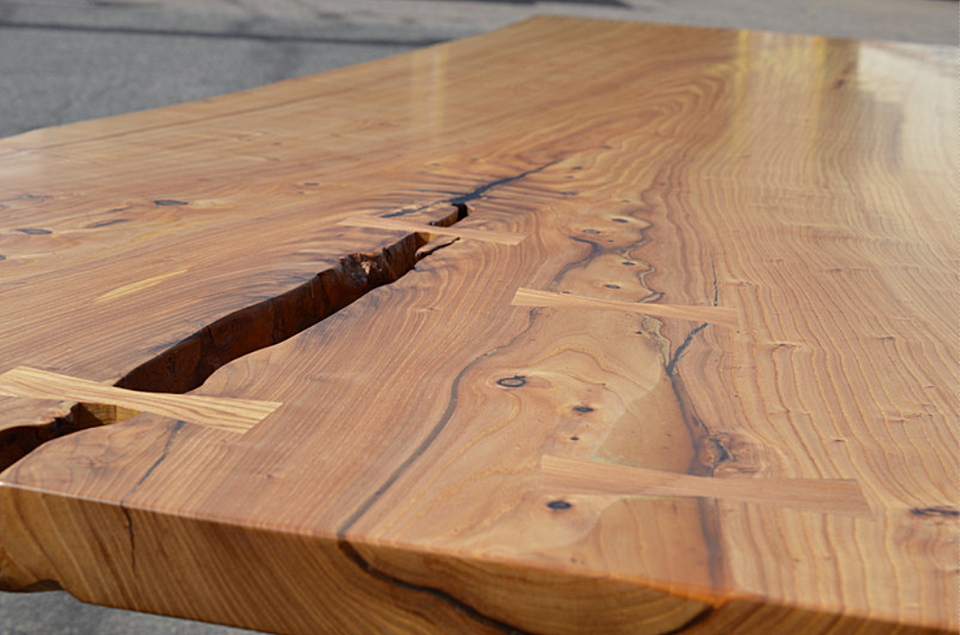 Solid Elm LiveEdge Single Slab Dining Table Steel Pedestal Butterfly Bowtie