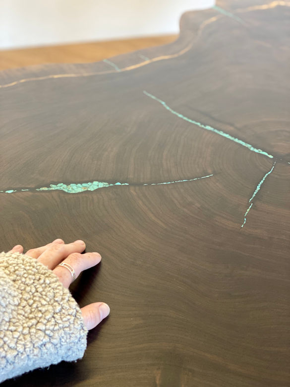 Solid Walnut LiveEdge Crosscut Coffee Table on Steel + Turquoise Inlay