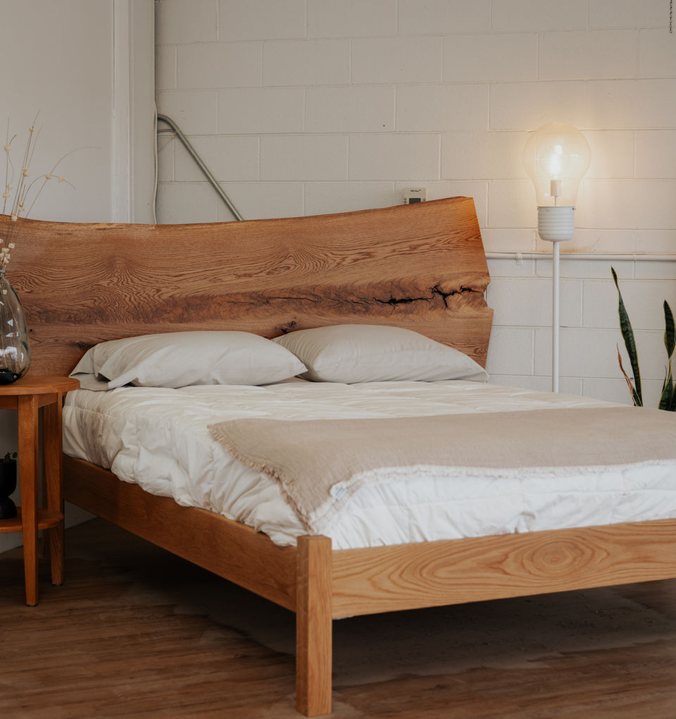 liveedge oak bed, modern rustic bed, headboard raw natural white oak riftsawn pinterest sustainable handmade