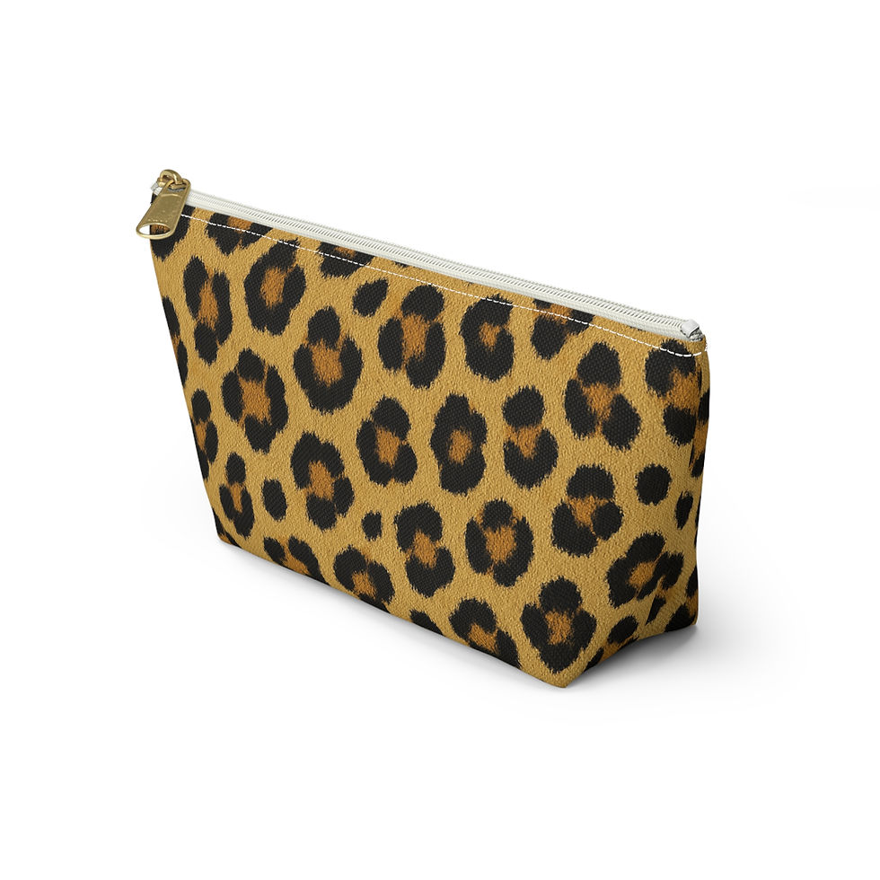 Thumbnail: Golden leopard-print T-bottom pouch shown at an angle with a black zipper.