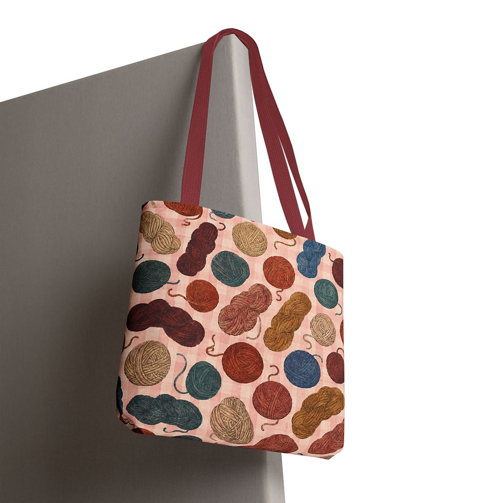 Thumbnail: Side view of Vintage Yarn Craft Project Tote Bag with red handles.