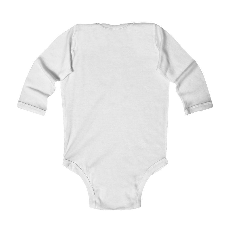Back view of a white long-sleeve baby bodysuit.