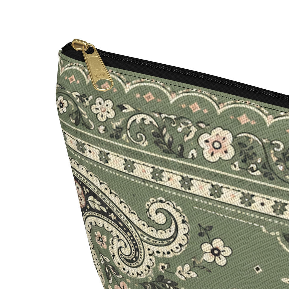 Thumbnail: Close-up of Vintage Sage Green Bandana Paisley pouch with black zipper.