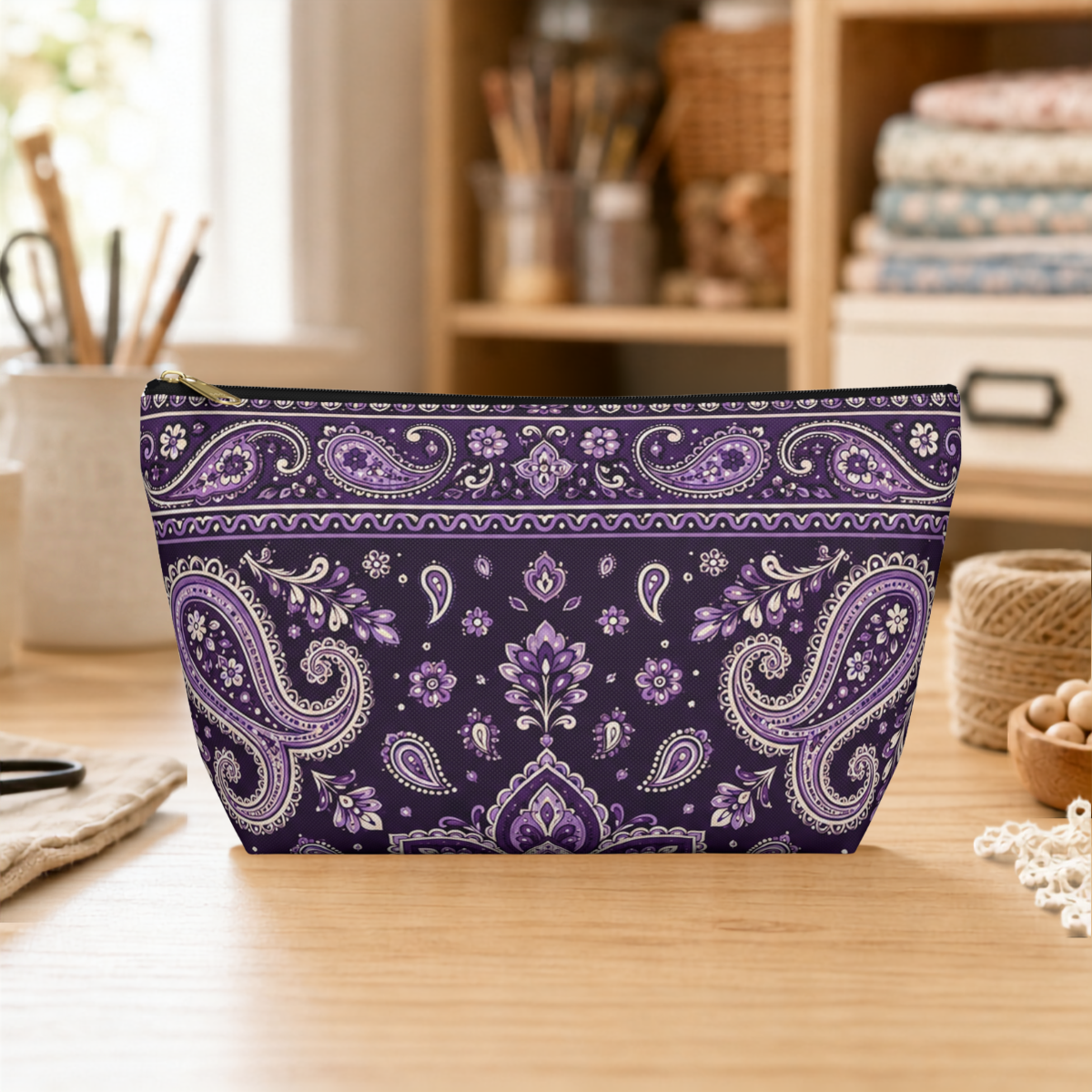 Vintage Purple Bandana Paisley T-bottom accessory pouch standing on a craft table.