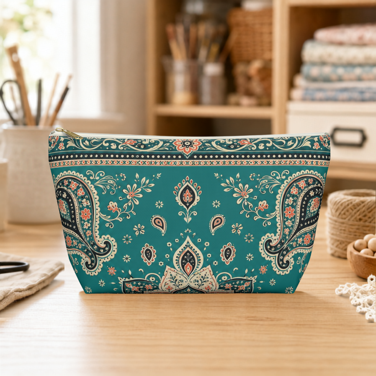 Vintage Teal Bandana Paisley T-bottom pouch standing on a craft table.