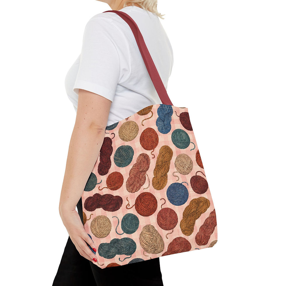 Thumbnail: Vintage Yarn Craft Project Tote Bag with red handles worn over the shoulder.