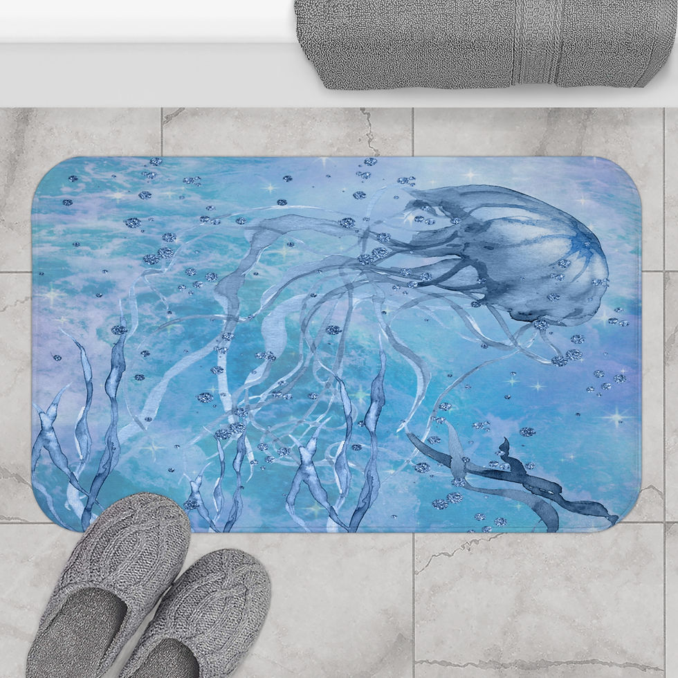 Deep Blue Sea Watercolor Jellyfish Design Bath Mat displayed on a bathroom floor.