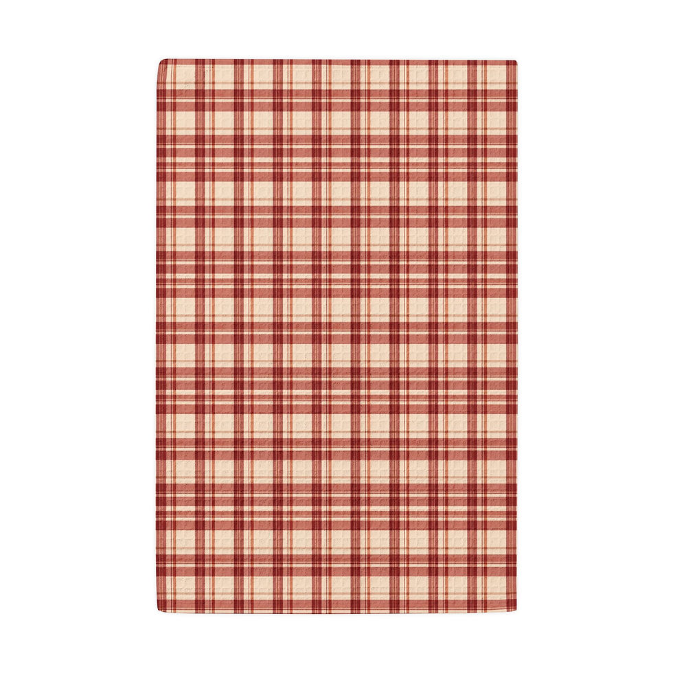 Flat lay view of the rustic red plaid table runner pattern.