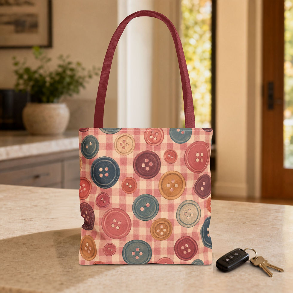 Vintage Buttons Craft Project Tote with red handles displayed on a kitchen counter.