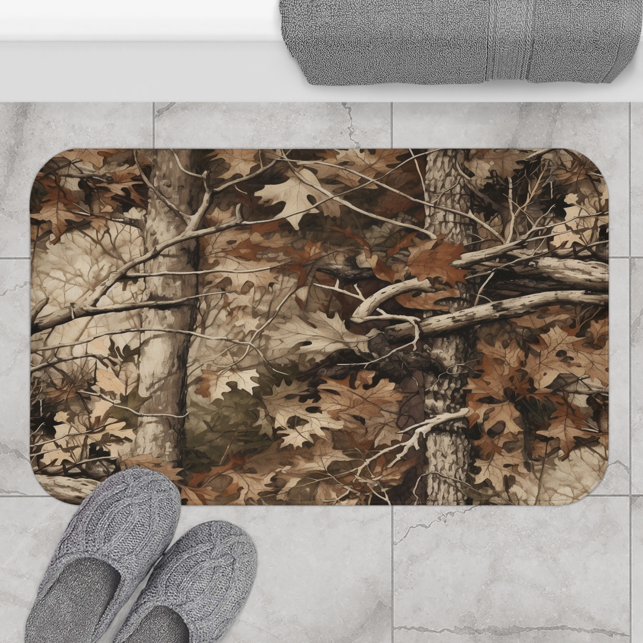 Deep Woods Camouflage Patterned Design Bath Mat displayed on a bathroom floor.