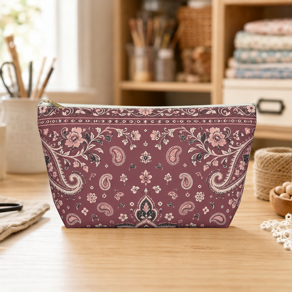 Vintage Mauve Bandana Paisley T-bottom pouch displayed in a craft room.
