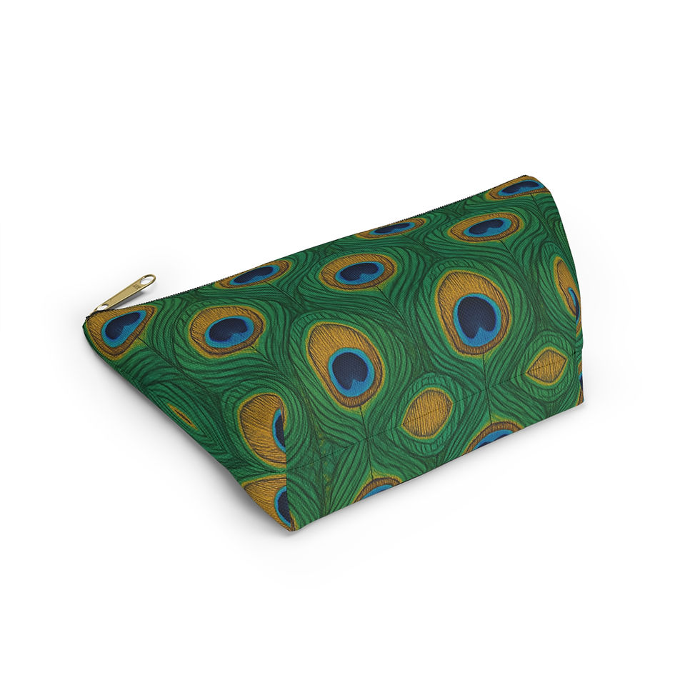 Thumbnail: Emerald Green Peacock Feather T-bottom pouch lying at an angle on a white background.