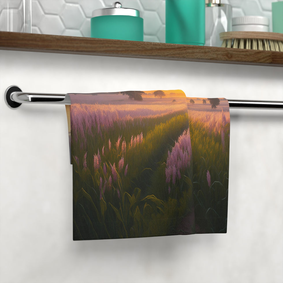 Sunrise Over the Cornfield Scenic Face Towel displayed on a towel bar.