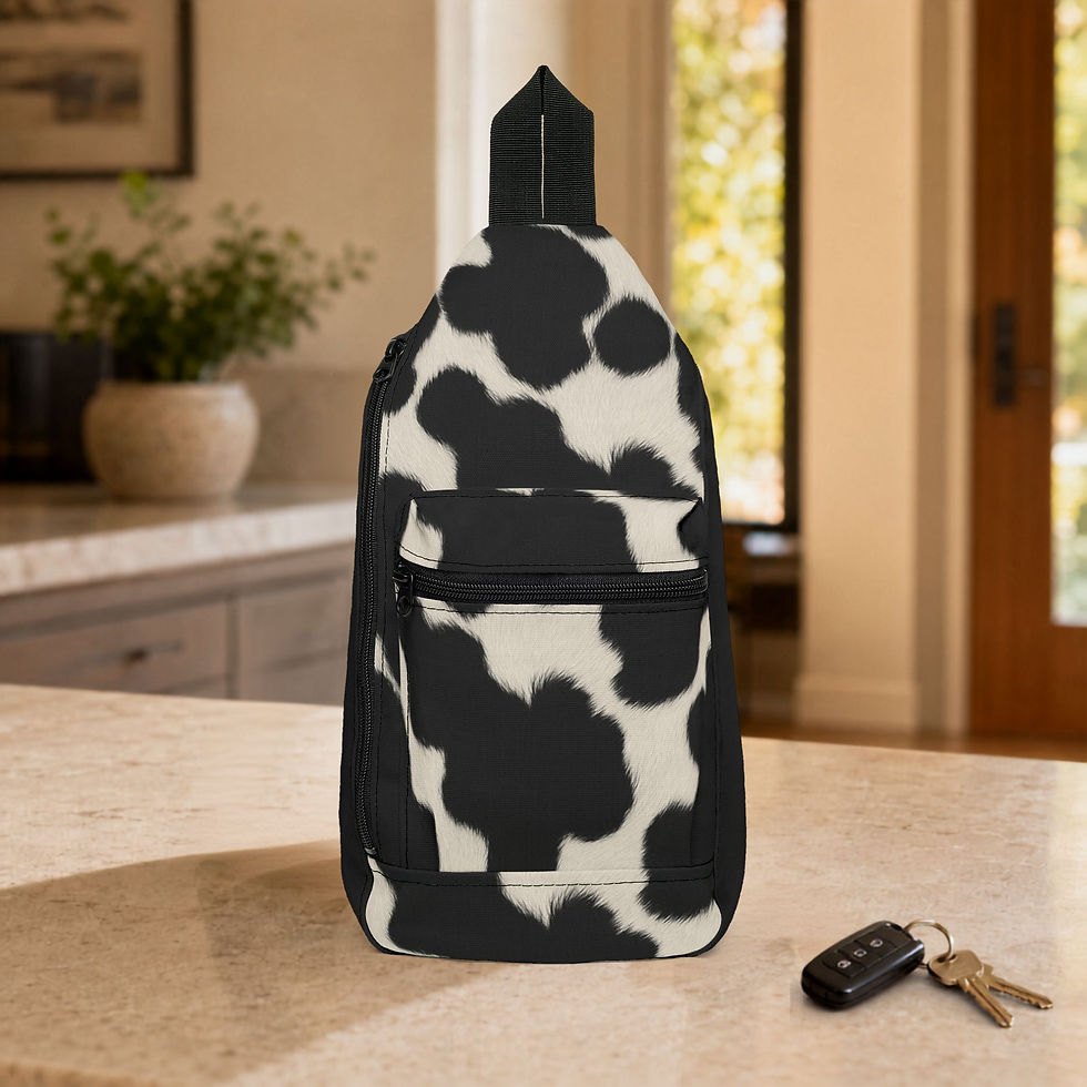 Classic Black and White Cow Print sling bag, front view.