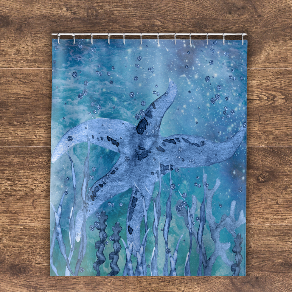 Front view of the Deep Blue Sea Watercolor Starfish Design Shower Curtain.