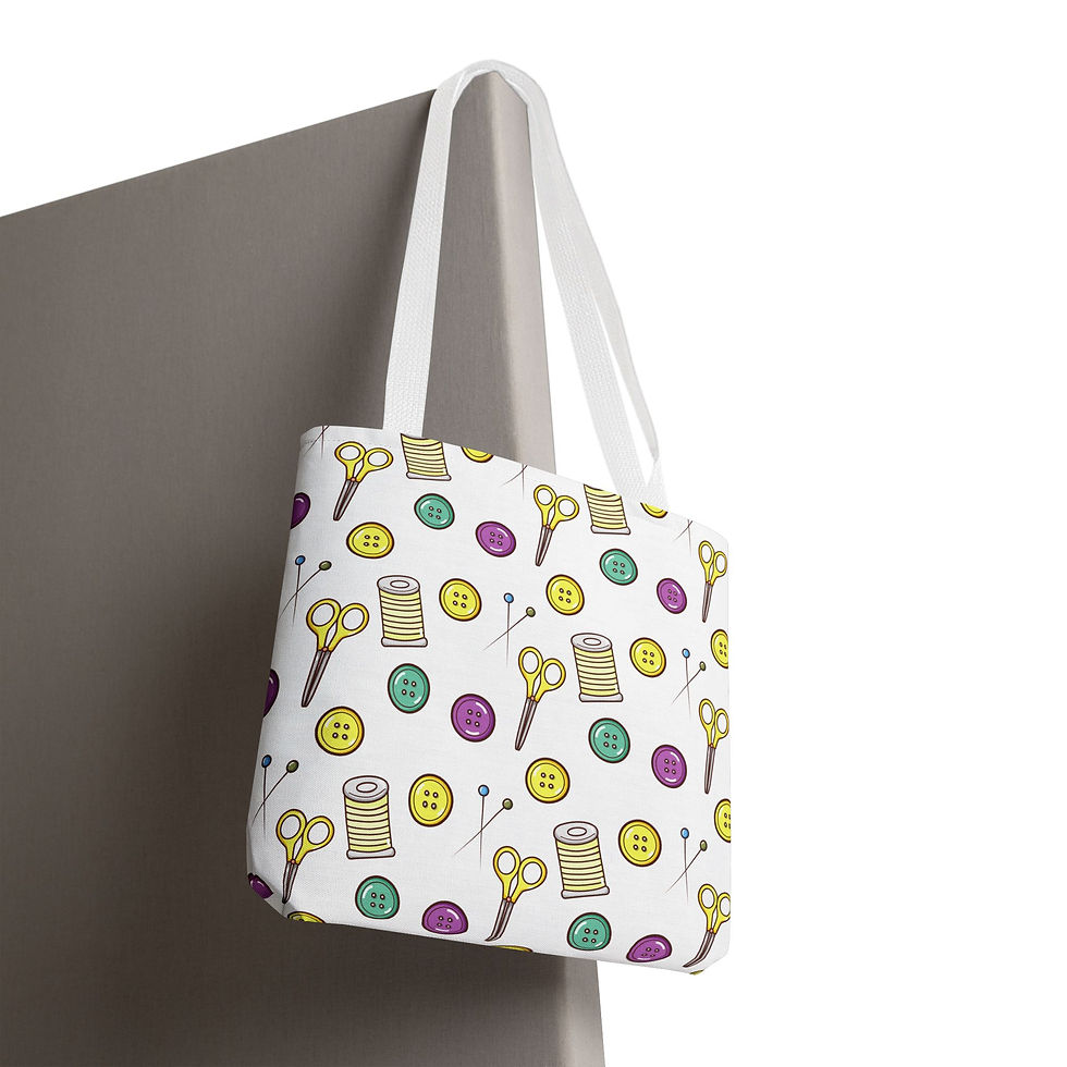Thumbnail: Angled side view of Sewing Notions Craft Project Tote showing the sewing notions design.