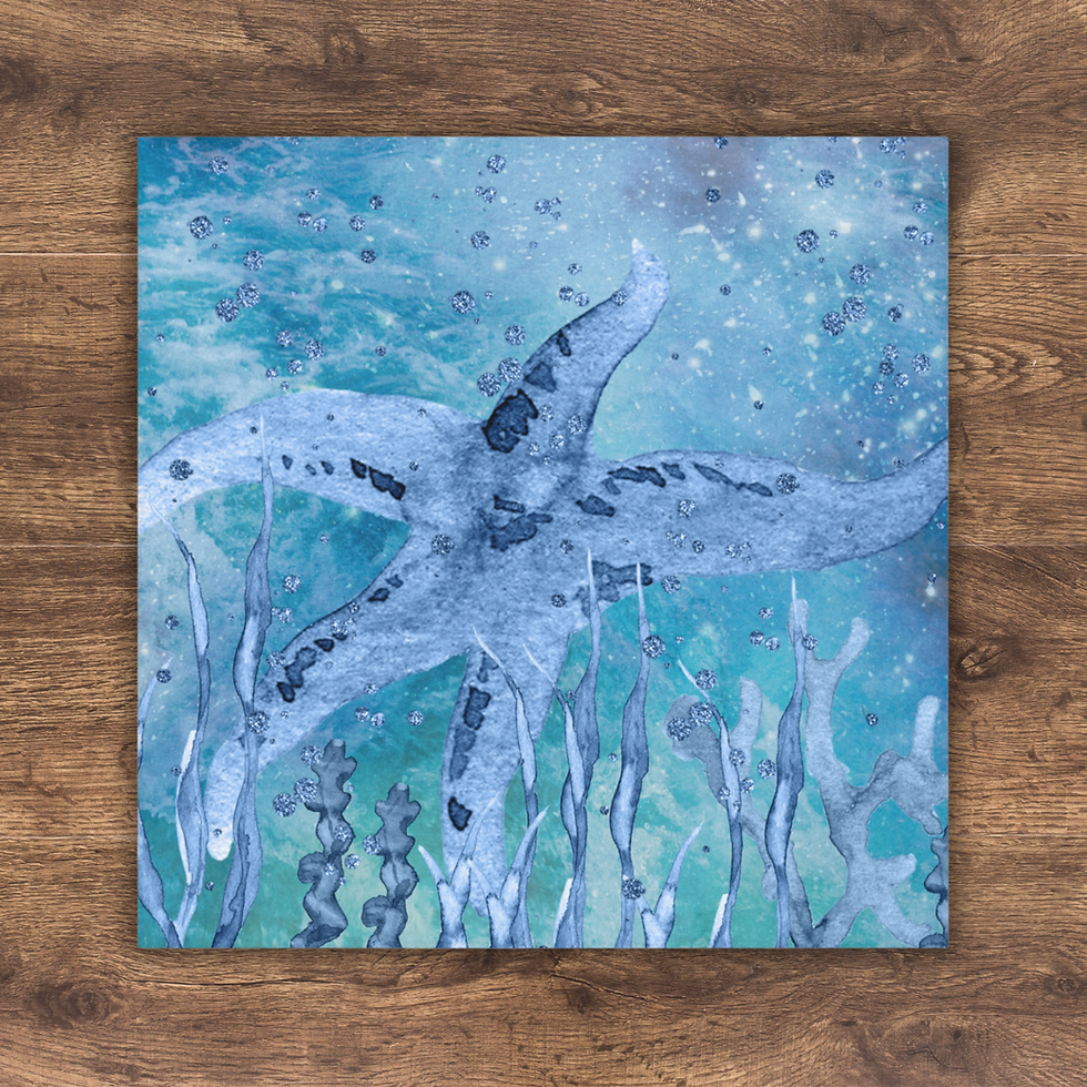 Front view of the Deep Blue Sea Watercolor Starfish Design Face Towel.