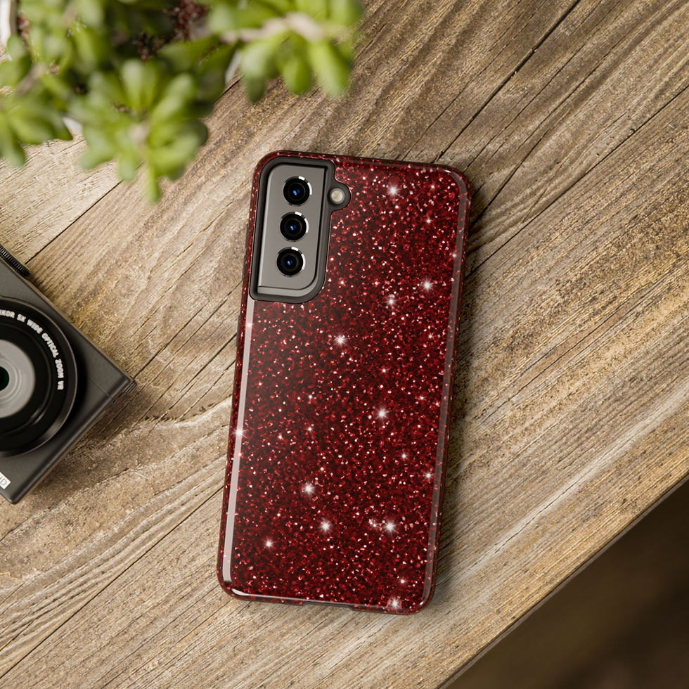 Deep Red Sparkle phone case displayed on a wooden table