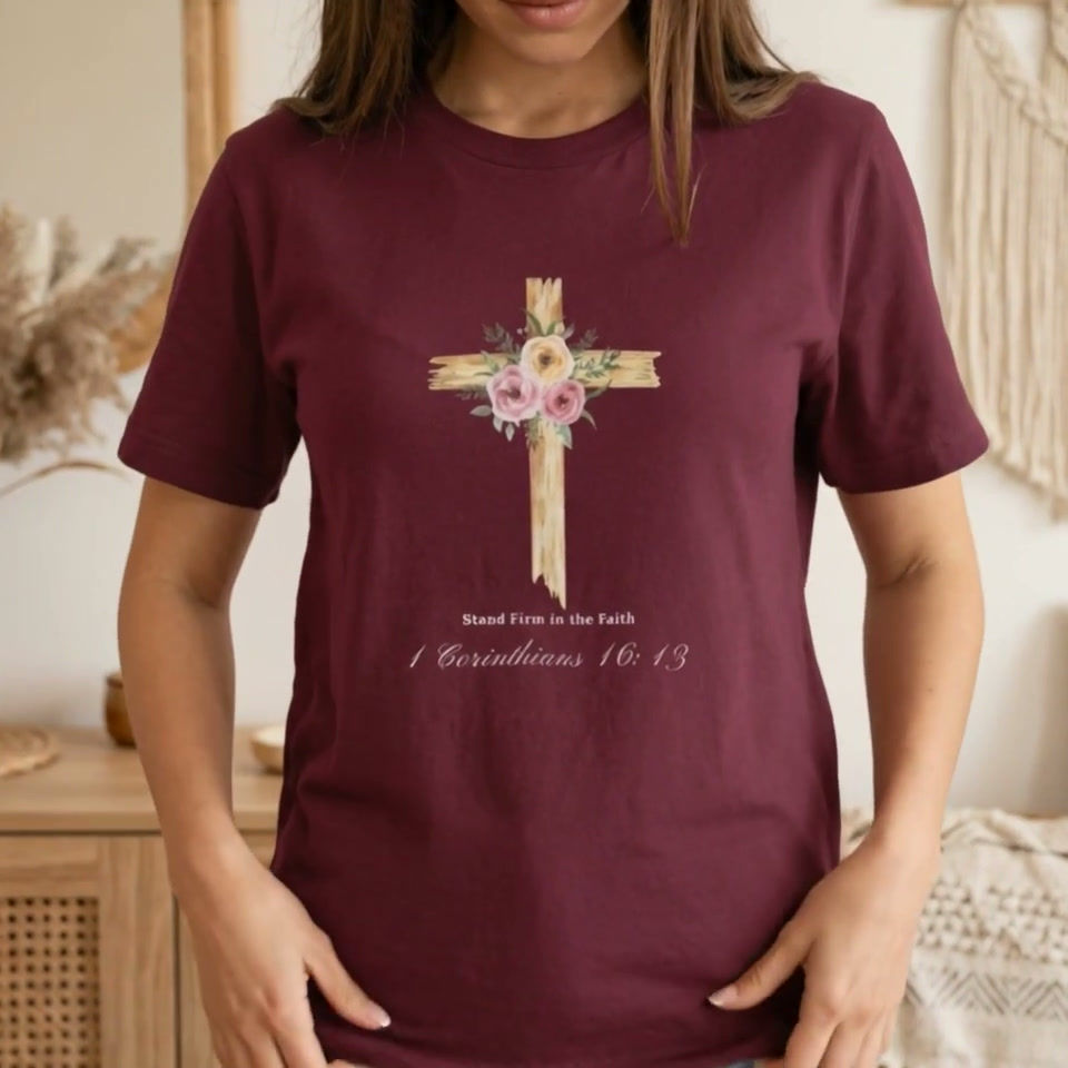 Thumbnail: Floral Wooden Cross T-Shirt – Stand Firm in Faith T-Shirt 1 Corinthians 16:13