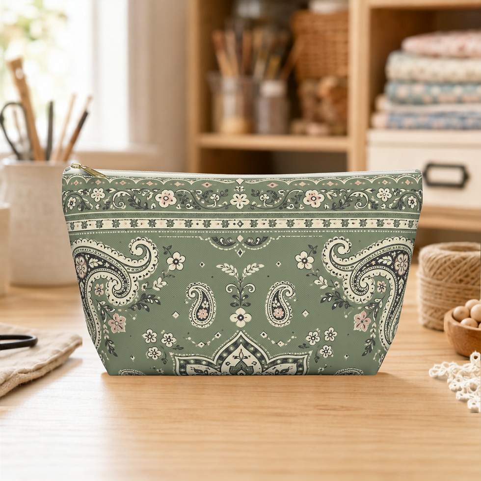 Vintage Sage Green Bandana Paisley T-bottom pouch standing on a craft table.