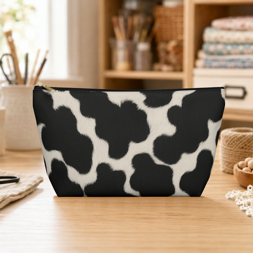 Classic Black and White Cow Print T-bottom pouch standing on a craft table.