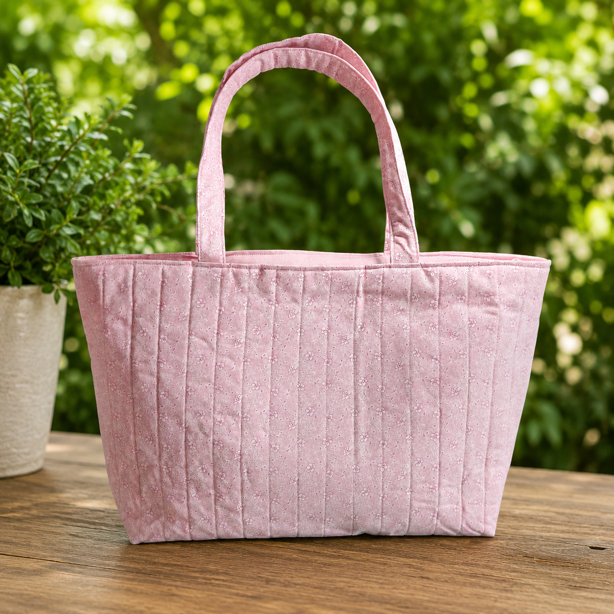 Angled view of the pink floral handmade quilted tote bag showing its shape and size.