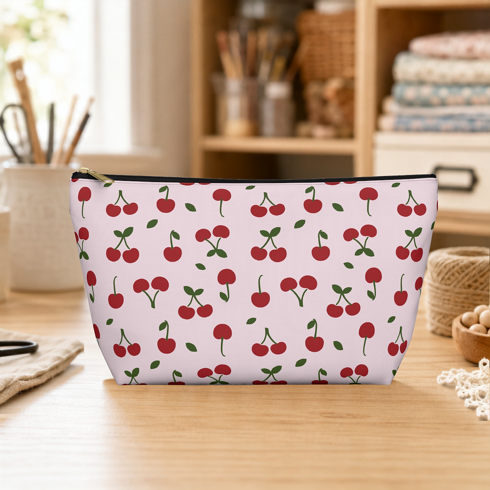 Dusty pink cherry blossom T-bottom pouch standing in a craft room.