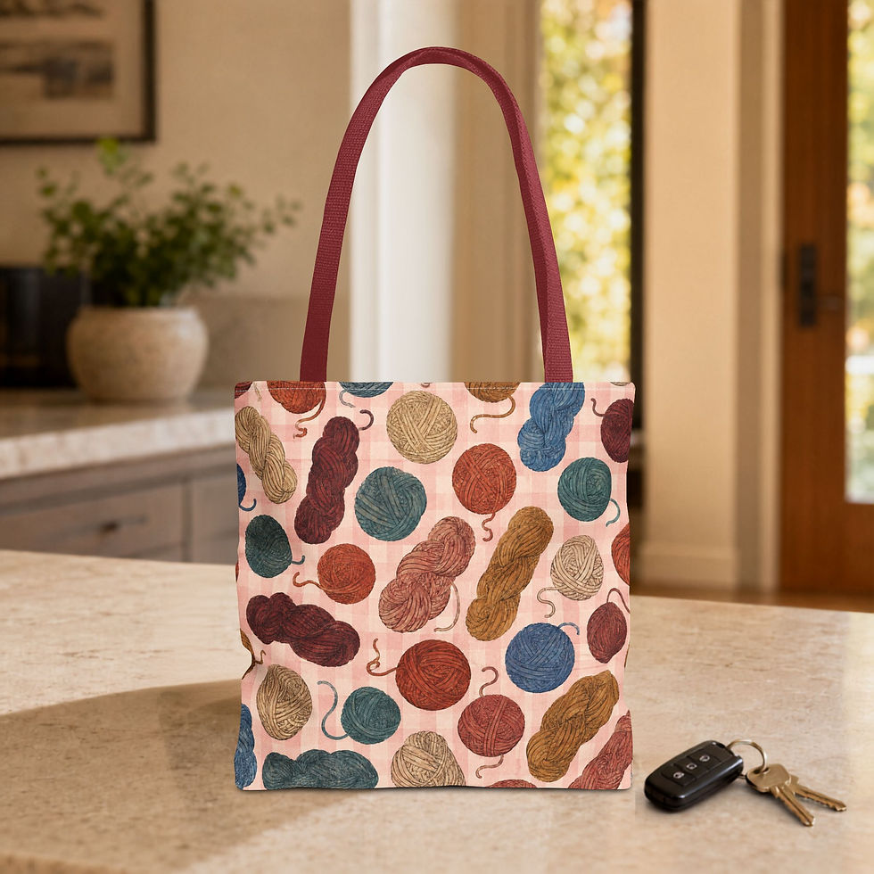 Thumbnail: Vintage Yarn Craft Project Tote Bag with red handles displayed upright beside keys.