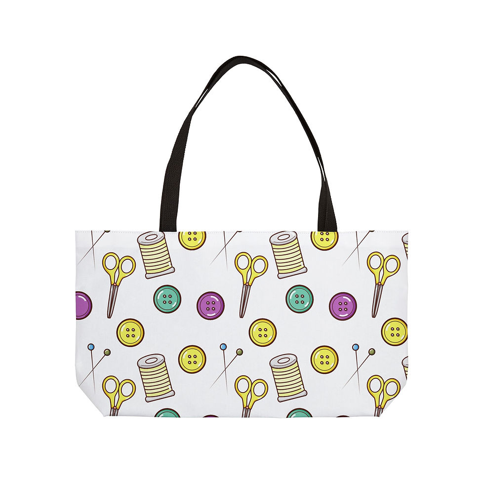 Thumbnail: Sewing Notions XL Craft Project Tote showing the colorful sewing notions design and black handles.