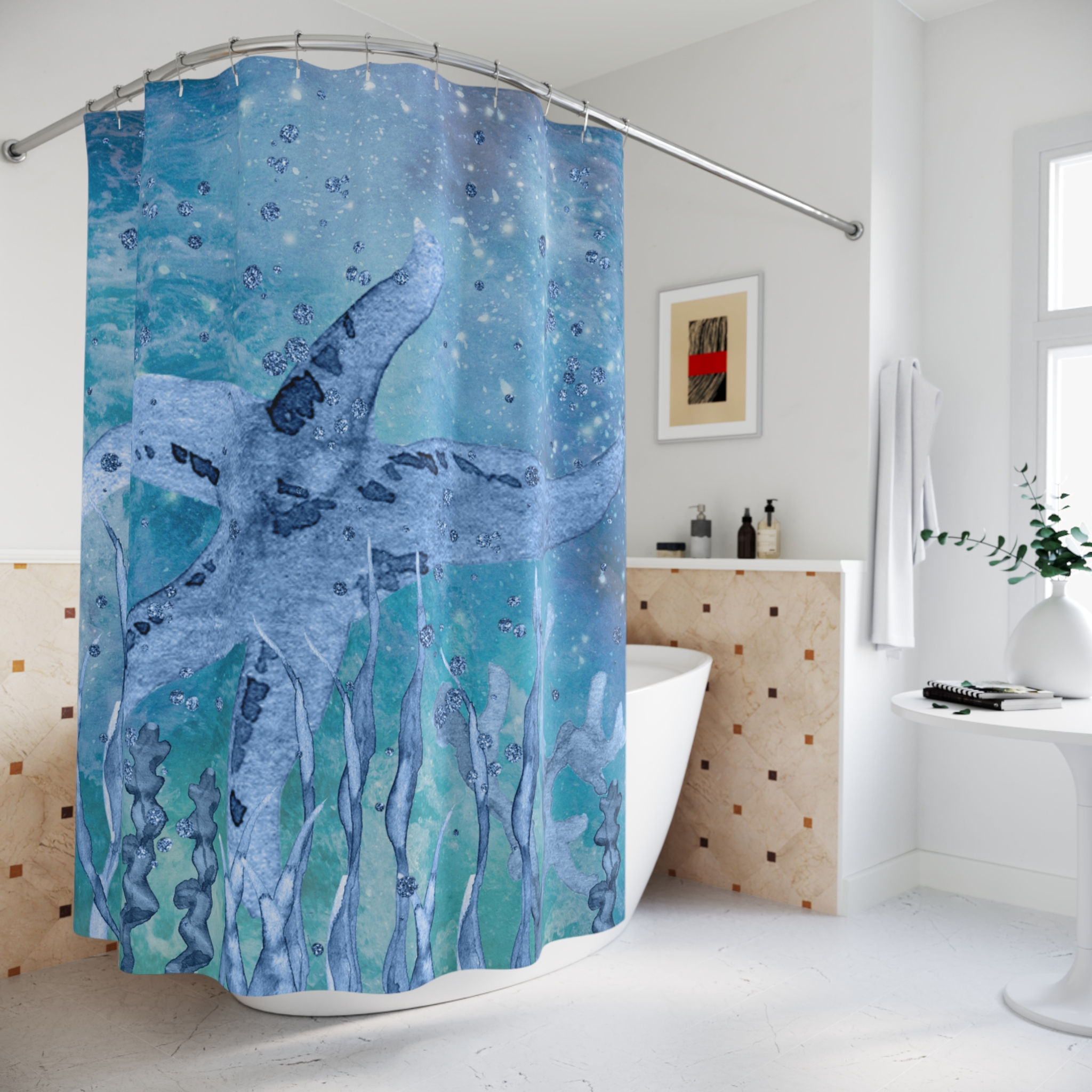 Deep Blue Sea Watercolor Starfish Design Shower Curtain displayed in a bathroom.