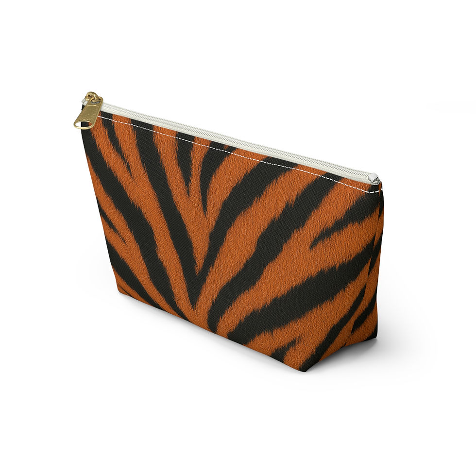 Thumbnail: Orange and black tiger-print T-bottom pouch shown at an angle with a black zipper.
