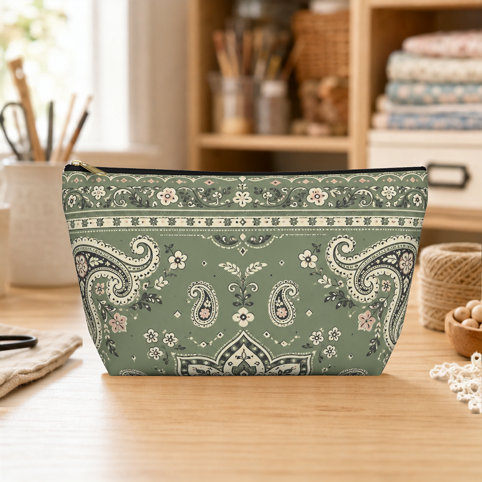Vintage Sage Green Bandana Paisley T-bottom pouch displayed in a craft room.