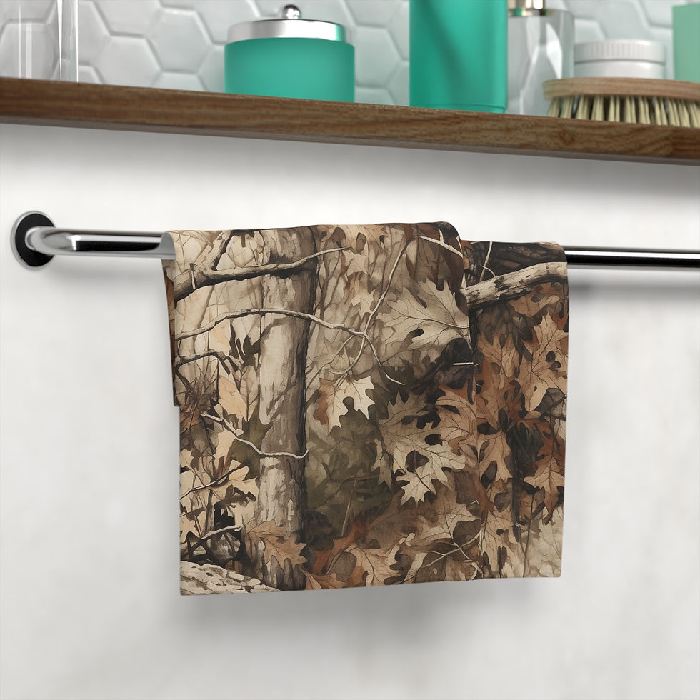 Deep Woods Camouflage Patterned Design Face Towel displayed on a towel bar.