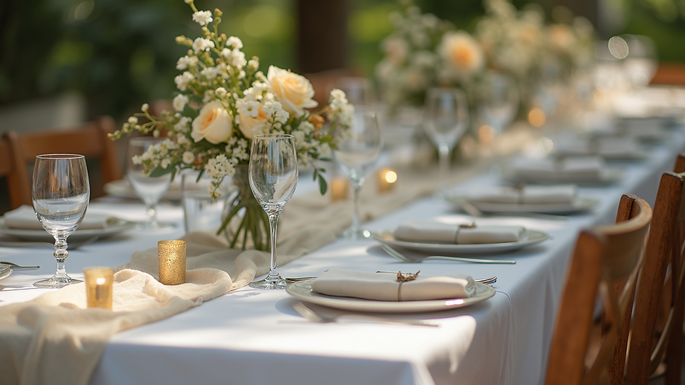 Close-up view of a simple wedding table setting with DIY decorations
