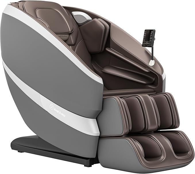 Real Relax Dual Core S Track Massage Chair,Full Body Recliner with Zero Gravity,Rocking Function,12 Auto Modes,Bluetooth,Foot Roller,Home or Office Use,Gray and Brown