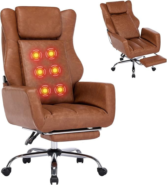 DYHOME Brown Leather Office Chair with Massage and Footrest, Heavy Duty Task Desk Chairs, Swivel Ergonomic Computer Gaming Chairs with Lumbar Support, Wheels Flip-up Arms Adjustable Height