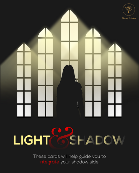 A tarot theme card featuring a silhouetted figure standing before tall, glowing cathedral windows. The light represents conscious awareness, while the darkness surrounding the figure symbolizes the shadow self—the hidden aspects of the subconscious. The text reads, "Light & Shadow – These cards will help guide you to integrate your shadow side," emphasizing the importance of self-acceptance and balance.
