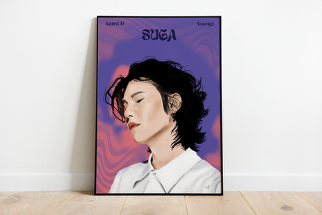 A framed digital illustration of SUGA (Min Yoongi / Agust D), featuring his side profile with dark, wavy hair and a contemplative expression. He wears a crisp white shirt, contrasting against a bold purple and red-toned background with abstract textures. The poster includes all three names he is known by, celebrating his artistic evolution.