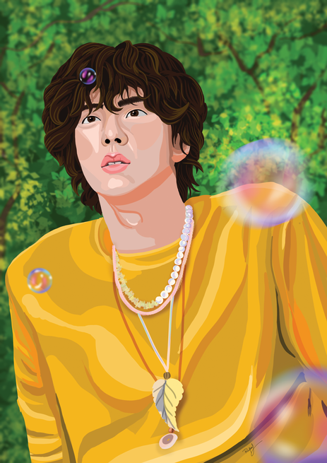 A digital illustration of Jin from BTS, wearing a golden-yellow outfit with layered necklaces, standing against a green, leafy background. His wavy hair frames his face as he gazes ahead with a soft expression. Iridescent bubbles float around him, adding to the dreamy, celestial mood of the artwork.